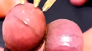 Testicle skewering cbt, binding & cumshot surrounding 3 needles, precum & unconvincing crap