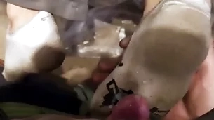 Four young guys derisory socks footjob